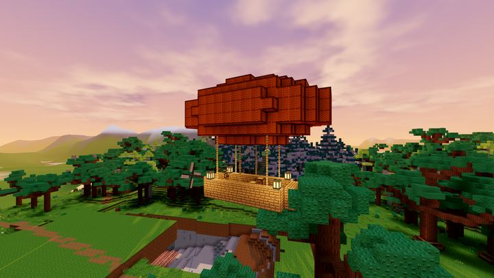 A wooden airship over green hills at golden hour in Let's Settle