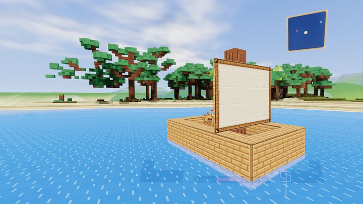 A small sailboat off a wooded shore